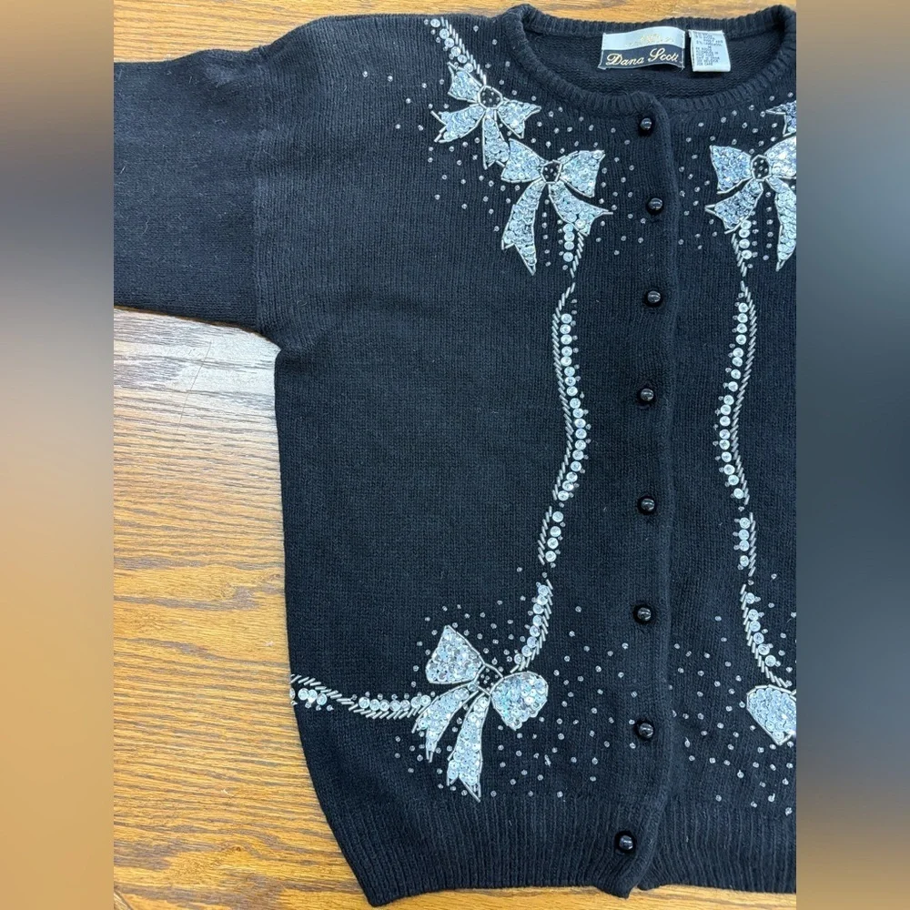 VTG Dana Scott Cardigan Christmas Sweater Black Silk Wool Angora Blend Women’s M - Picture 5 of 14